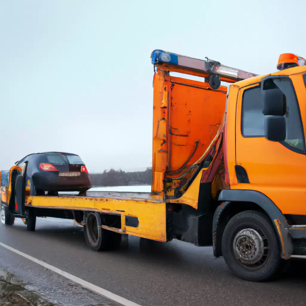 Tow truck assisting stranded car on roadside.