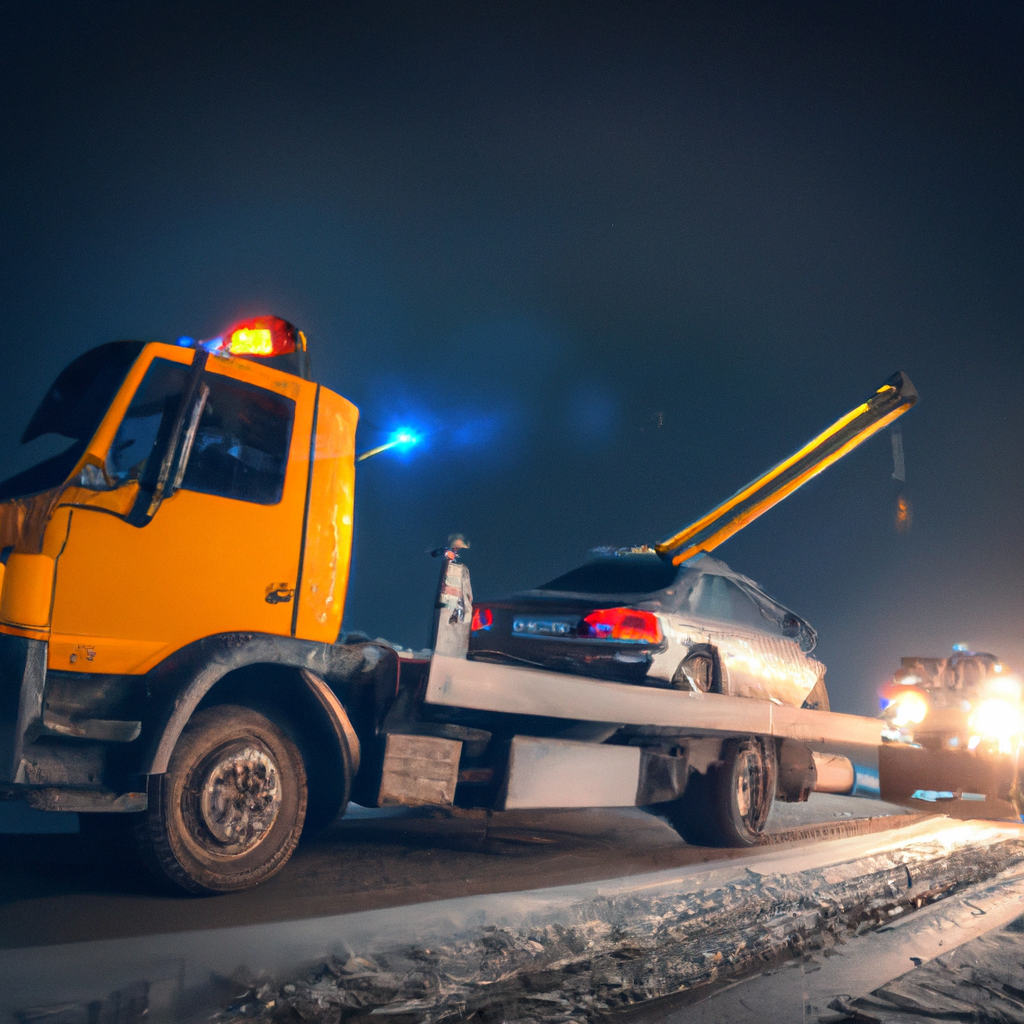 Tow truck assisting stranded vehicle at night.