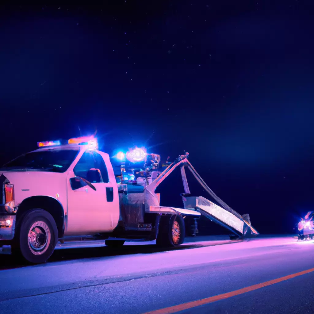 Tow truck assisting stranded vehicle at night.