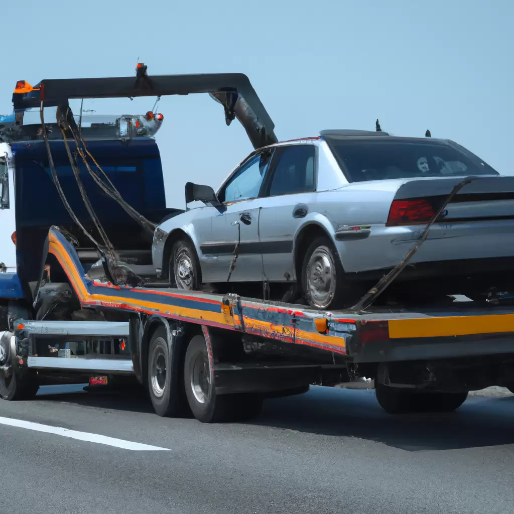 Tow truck in action on highway.